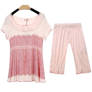 浪莎新品 家居服 甜美波纹印花收腰短袖女士睡衣 女 夏季薄款套装(粉色 M/160)