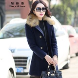 帛依恋2015冬装新款女装韩版呢子风衣外套女修身中长款带毛领毛呢大衣(藏青色 XL)