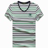 3197夏装薄款战地吉普纯棉弹力条纹V领短袖T恤衫 男士半袖polo衫(绿色 M)