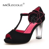 moolecole/莫蕾蔻蕾 新款凉鞋水钻防水台粗跟鱼嘴高跟女鞋 L50-1(黑色 39)