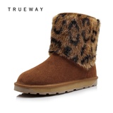 trueway出位2013新款包邮豹纹牛皮女式保暖防水中筒雪地靴子tbm-5(栗色豹纹 37)