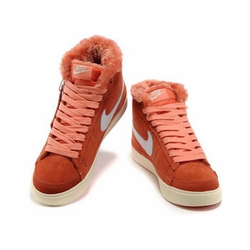 nike耐克blazer 开拓者3女鞋高帮保暖棉鞋毛毛板鞋403729-800(桔红白