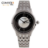 comtex正品男士手表精钢带石英表商务休闲腕表潮流水钻礼物(黑色 S6321G)
