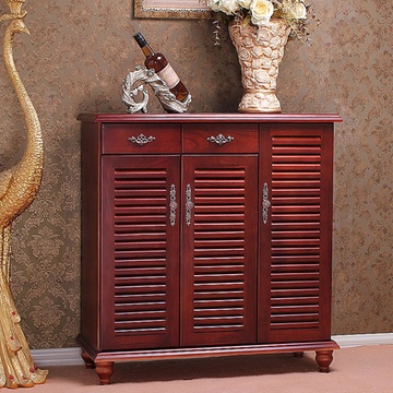 歪脖树 欧式泡桐全实木北欧二斗三门鞋柜(酒红棕)