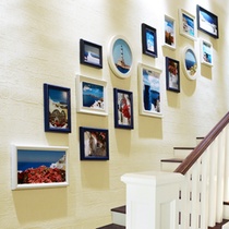 龟兔 创意楼梯走廊照片墙 相框墙欧式梯形相片墙 美式复古挂墙相框组合(白蓝\地中海)