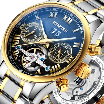 宾格binger手表男士全自动机械表多功能男表时尚镂空夜光防水全金黑盘